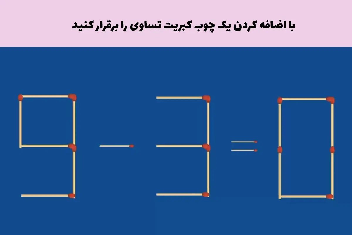 تست هوش | با اضافه کردن یک چوب کبریت این تساوی ۰=۳-۹ را برقرار کن!