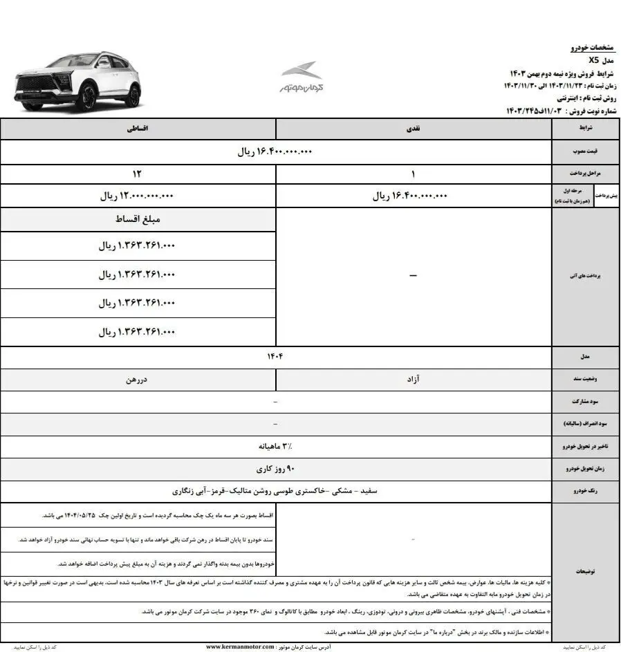 فروش ویژه ۵ مدل خودروی کرمان موتور نیمه دوم بهمن ۱۴۰۳ / تحویل ۳ ماهه