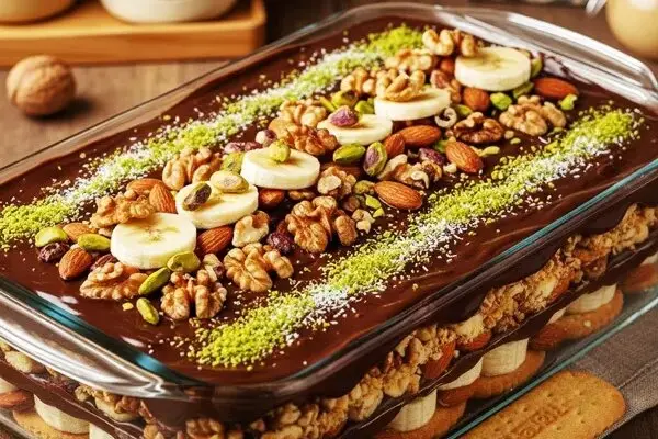 طرز تهیه کیک یخچالی موز و گردو در چند دقیقه