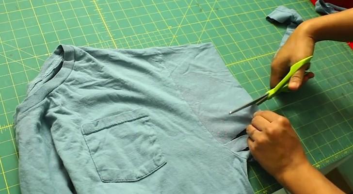 Elle découpe les manches d'un vieux t-shirt... Une création à essayer! - RegardeCetteVideo.fr