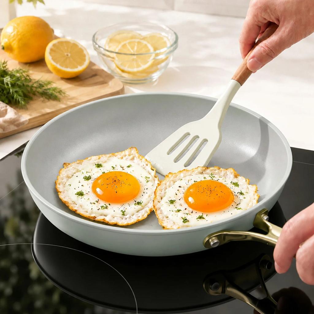 Stars Ceramic Non-Stick 10-Piece Cookware Set with Light Golden Handles, Glass Lids, Healthy Toxin-Free Pots and Pans in Sage Green