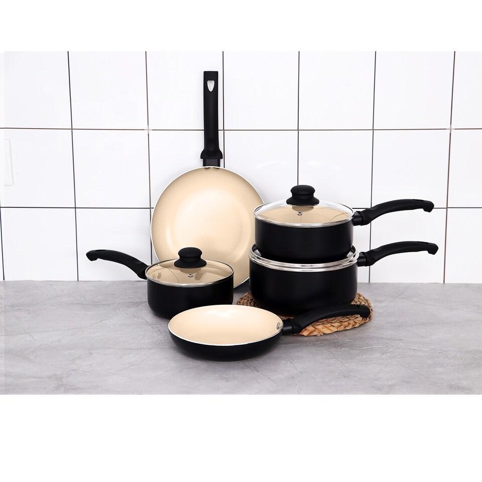Gr8 Home Cream Aluminium 8 Pc Marble Ceramic Non Stick Induction Frying Pan Saucepan Set - Tesco Groceries