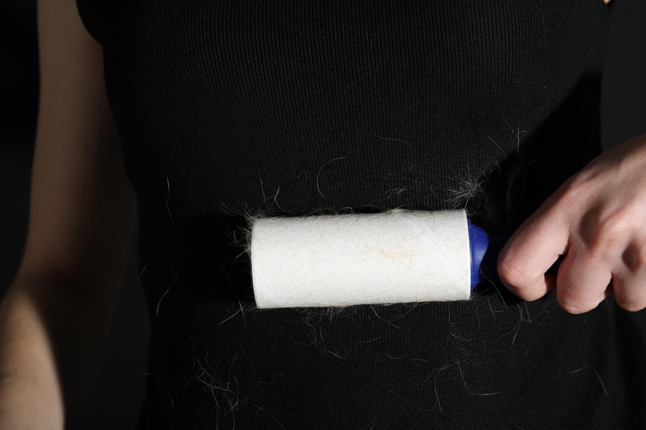 Woman cleaning black t-shirt with lint roller, closeup