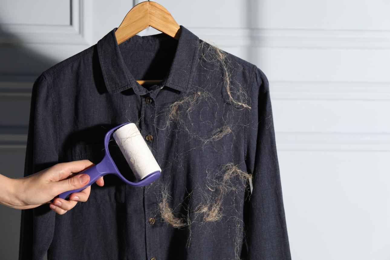 Woman cleaning shirt with lint roller near light grey wall indoors, closeup. Space for text