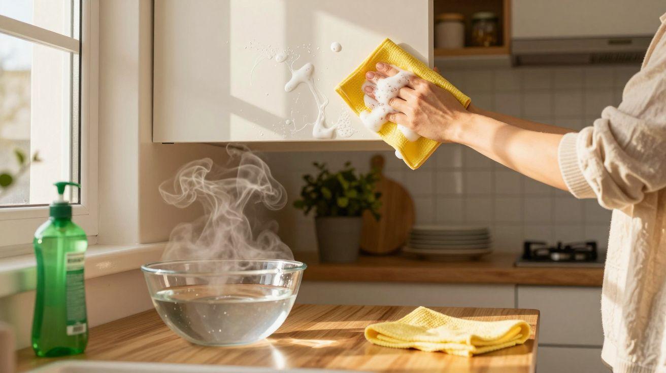 The clever trick of cleaning greasy kitchen cabinets with warm water and dish soap foam - Harper Nails
