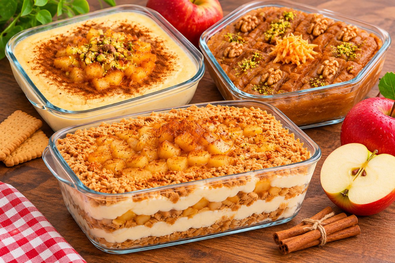 سه دسر خانگی با سیب فرنی حلوای سیب و دسر لایه ای با بیسکویت