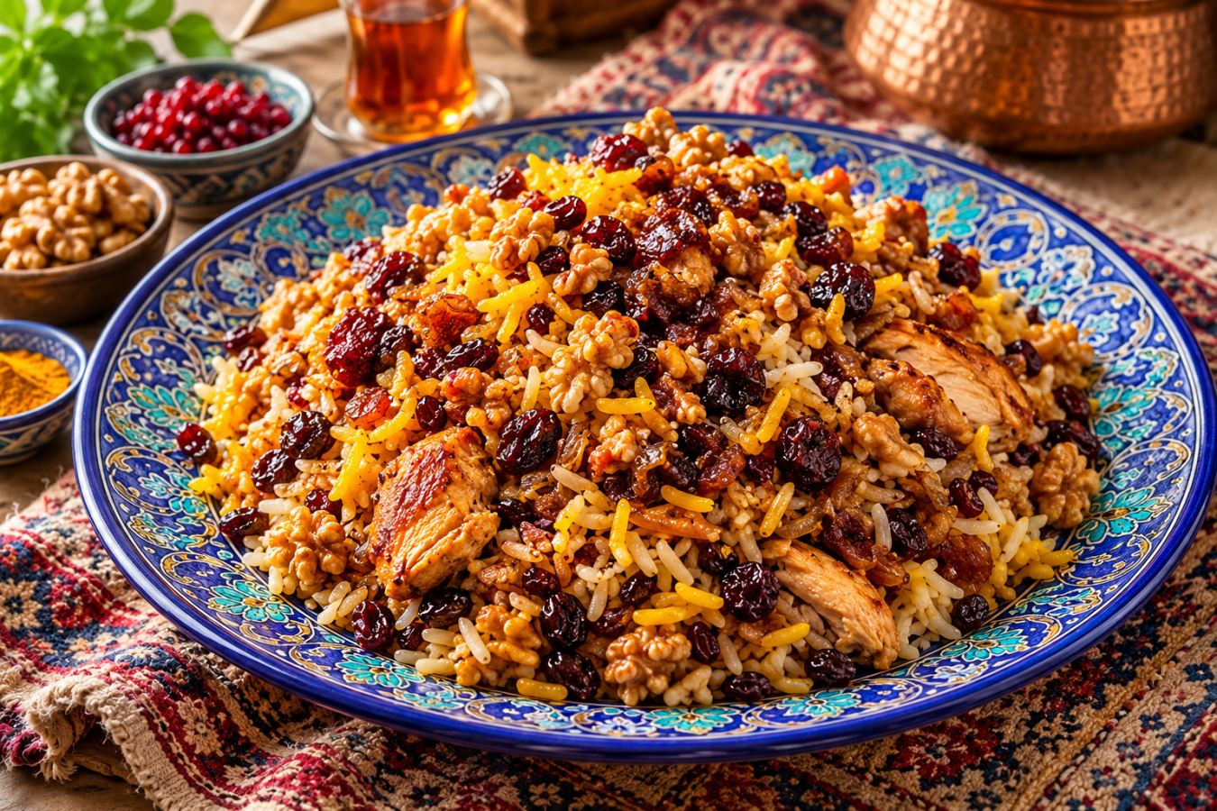 طرز تهیه رب پلو شیرازی با مرغ رب انار گردو و کشمش